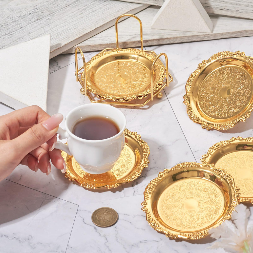 6 pcs Gold Drink Coaster with Holder Vintage Coasters Round Coasters Metal Cup Mats for Wedding Coffee Table Glass