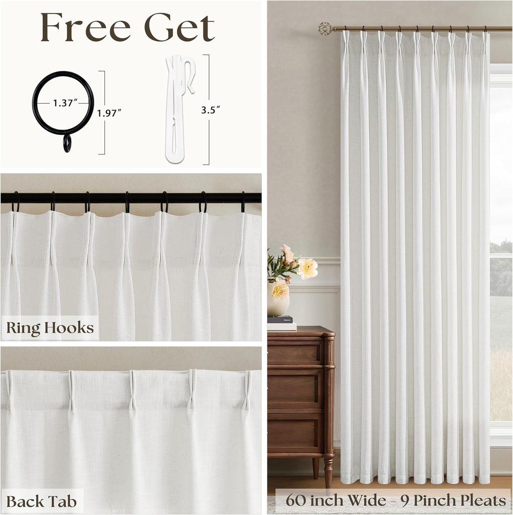 Ivory White Pinch Pleated Linen Curtains 1 Panel for Living Room Bedroom Memory Training Shaped Semi Sheer Pleat