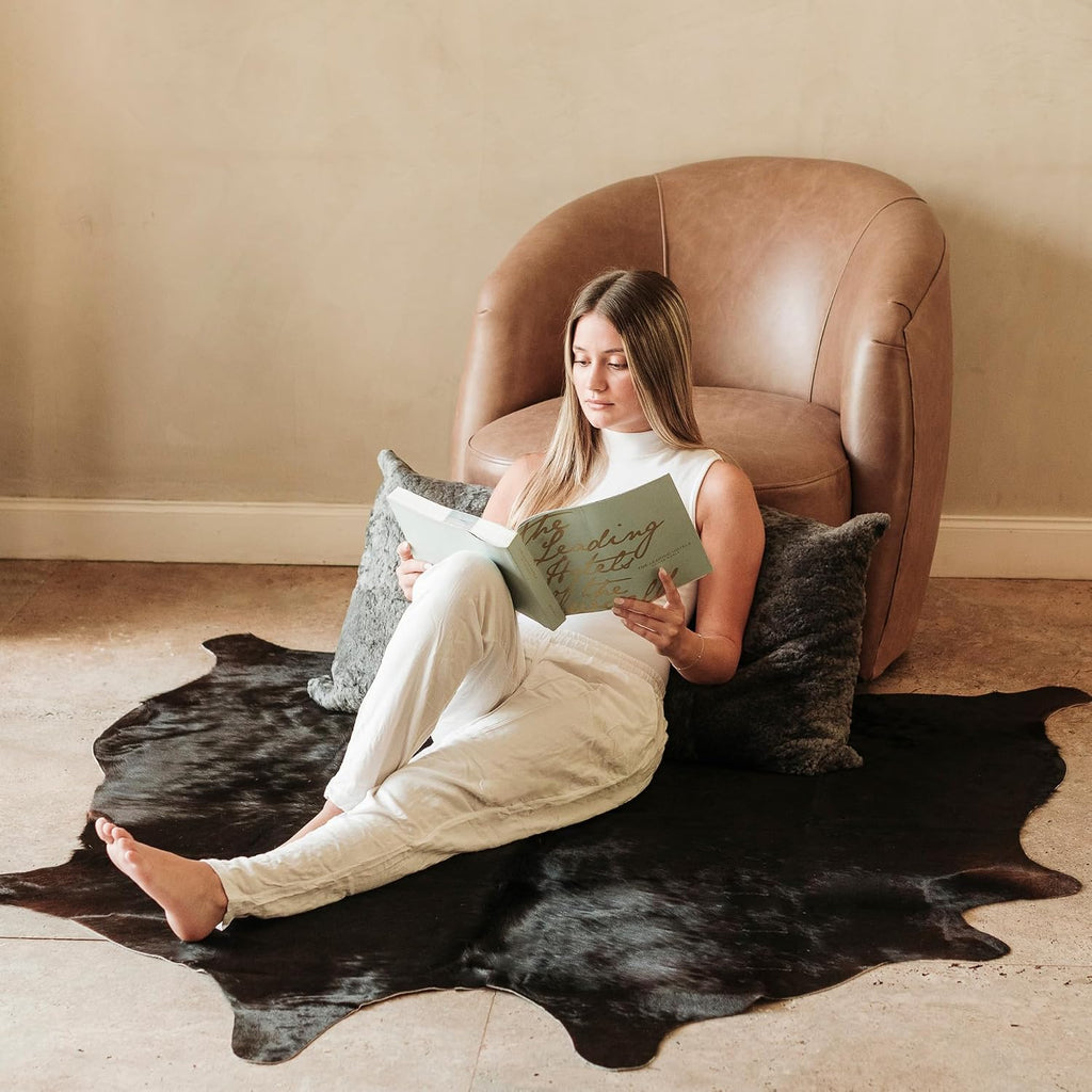 Premium 100% Genuine Cowhide Rug (4-5 Ft) Hand-Picked Solid Black Leather Area Rug, Cozy, Unique, and Durable - from