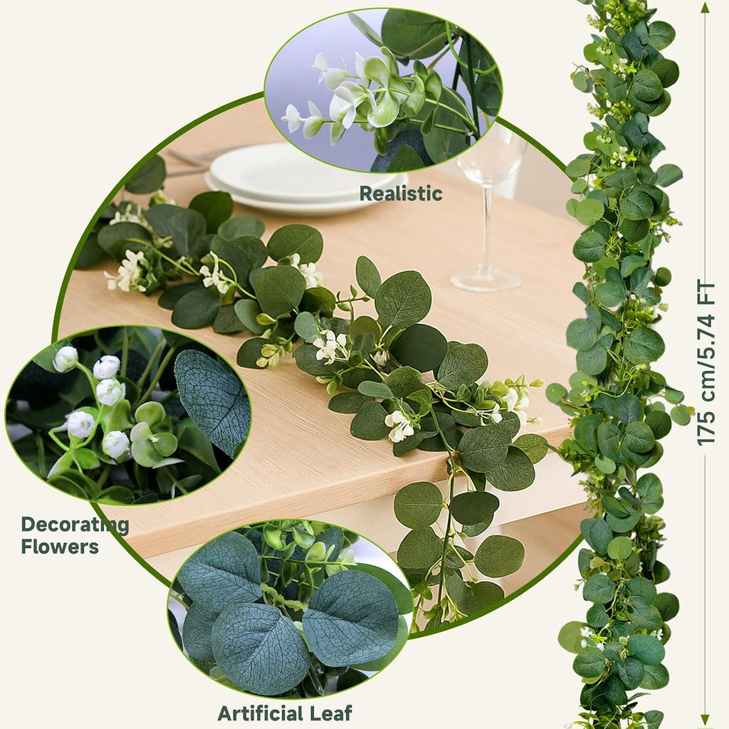 4 Packs 5.74 Ft Artificial Eucalyptus Garland Leaves with Flowers Artificial Fake Greenery Hanging Vines for Wedding