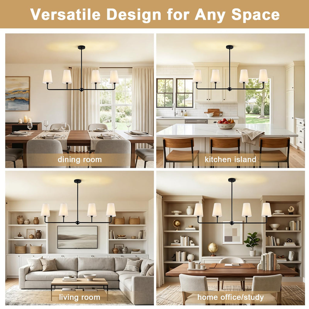 47.6" Large Linear Pendant Light, 4-Light Kitchen Island Lighting with White Linen Shades, Modern Matte Black