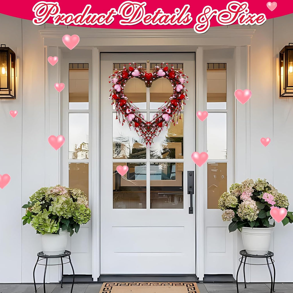 Valentines Day Wreath Decor,14 Inches Artificial Red Pink Berries and Small Pink Hearts,Valentines Wreaths for Front