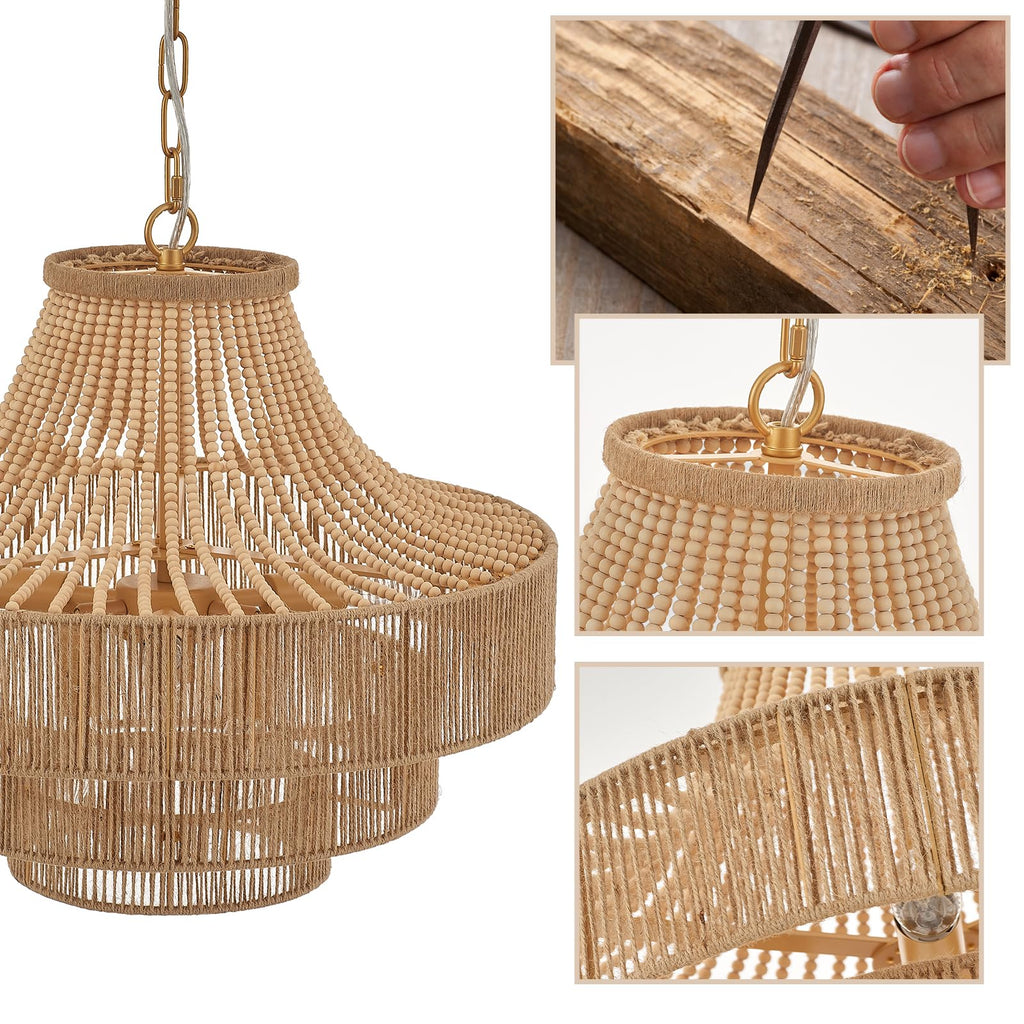 Wood Beaded Rattan Chandelier Boho Hand 6-Lights Adjustable Coastal Pendant Lighting Fixtures for Dining Living Room