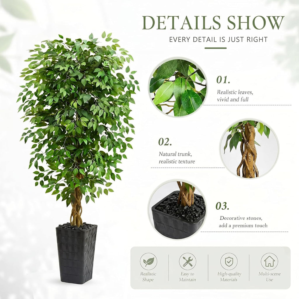 Artificial Ficus Tree 5FT Faux Floor Tree with Planter UV Resistant Potted Fake Silk Plant - Faux Trees Indoor