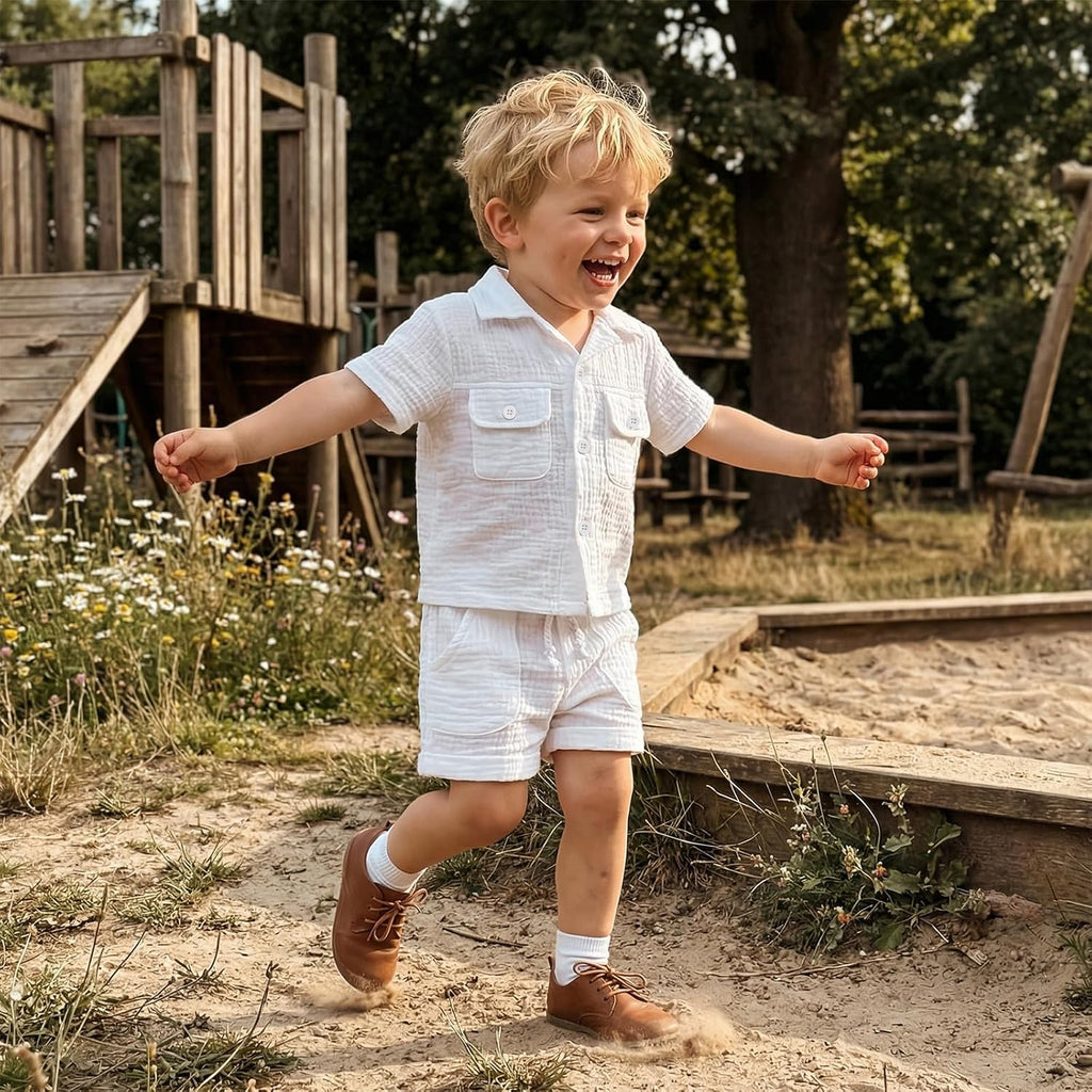 Baby Boys Button Down Shirt Tops + Shorts Infant Toddler Summer Outfit 2Pieces Cotton Gauze Clothes with Pockets