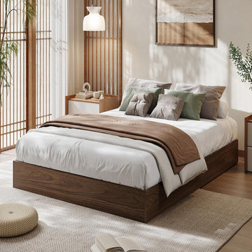 Wood Platform Bed Frame, Low Profile Floor Bed Frame with Wooden Slat Support, Minimalist Flat Bed Box