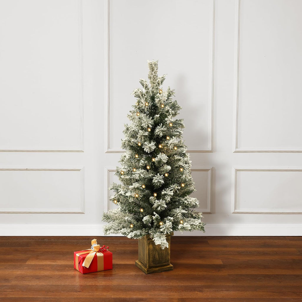 LuxenHome 4FT Prelit Flocked Potted Christmas Tree, Lighted Pencil Tree