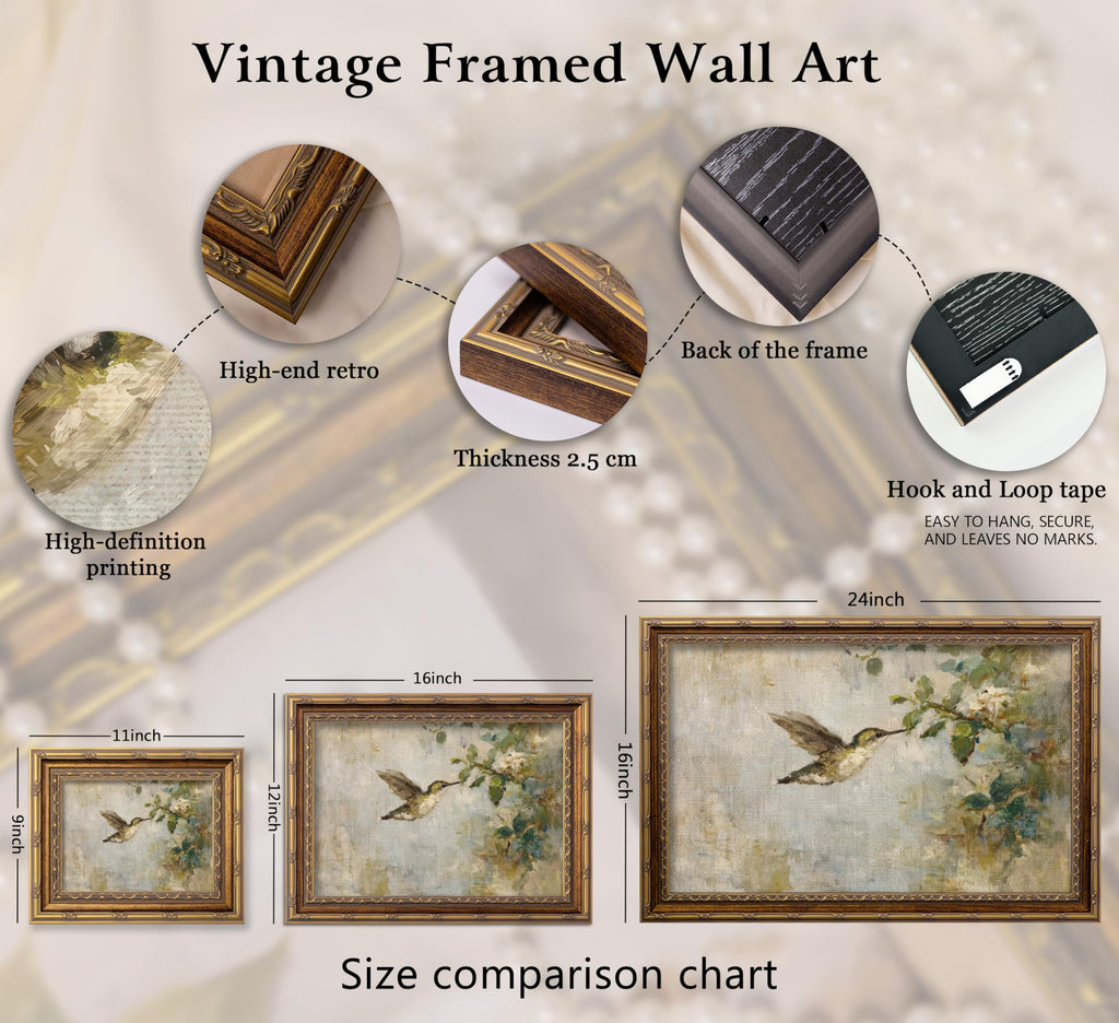 Vintage Gold Framed Hummingbird Canvas Wall Art, Retro Farmhouse Sparrow Painting Picture Wall Decor, Rustic Floral