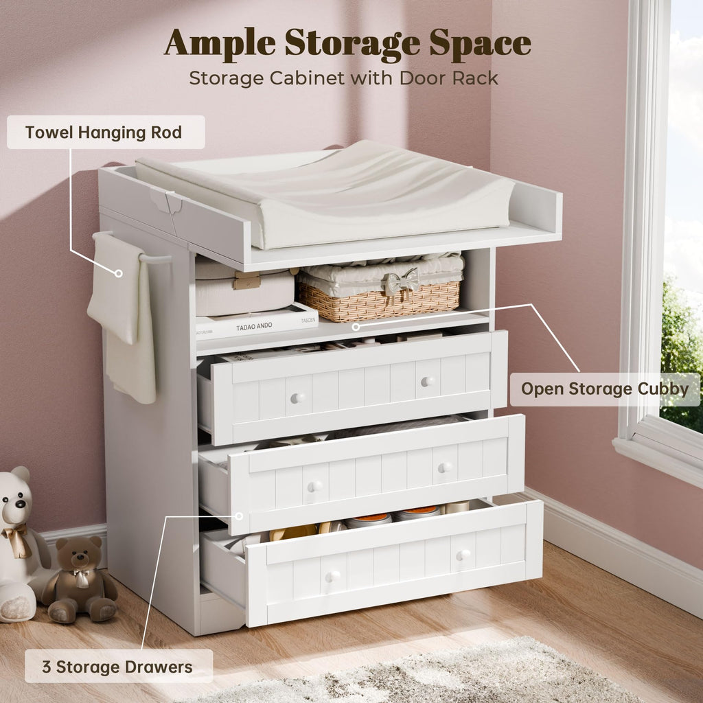 Baby Changing Table with Foldable Tabletop, White Baby Dresser with 3 Drawer