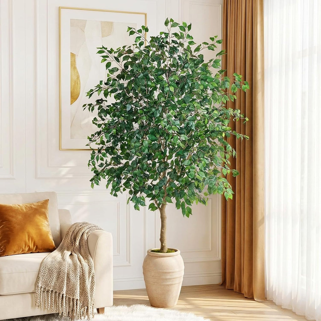 Artificial Ficus Tree Indoor 9ft with Off-White Vintage Planter