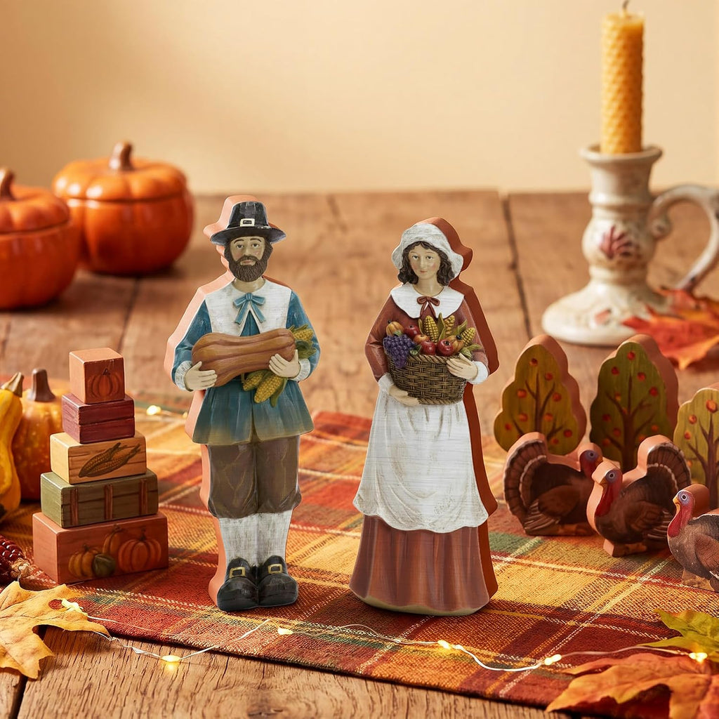 Thanksgiving Decoration Wooden Pilgrim Figurines Couple Statue - Set of 2