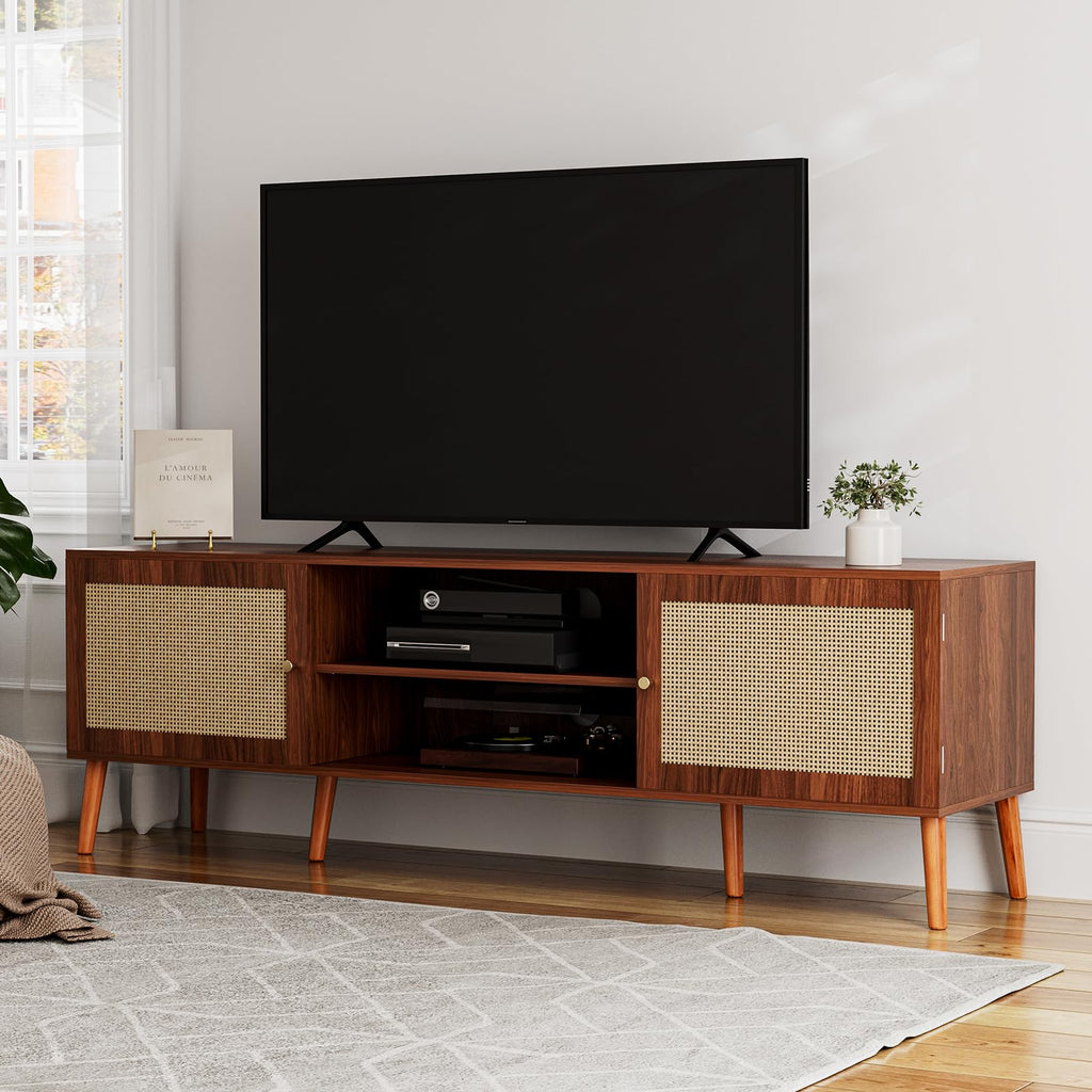 TV Stand with Rattan Doors for TVs up to 65", Mid-Century, Walnut