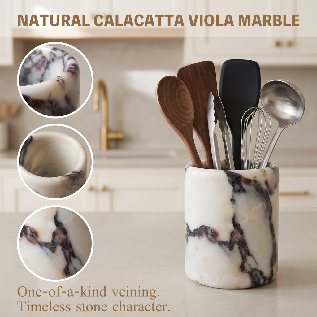 Calacatta Viola Marble Utensil Holder, Heavy Natural Stone Crock