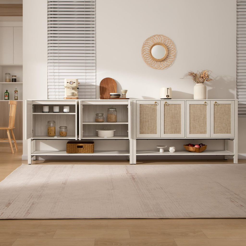 White Rattan 110" Long Sideboard Buffet Cabinet with Door, Credenza