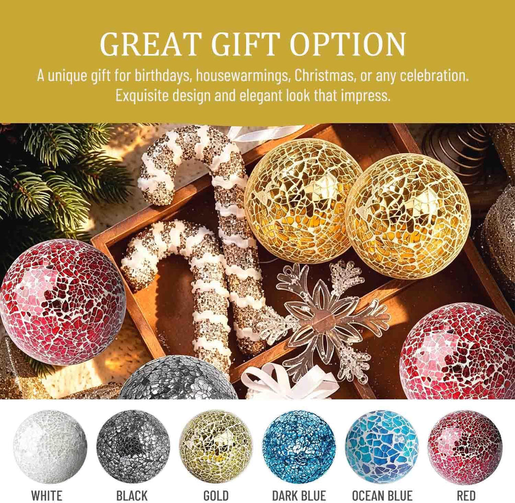 3 in Decorative Orbs Glass Balls,Mosaic Sphere globe for Whole Housewares,Wedding/Birthday,Bowls,Vases - Set of 6