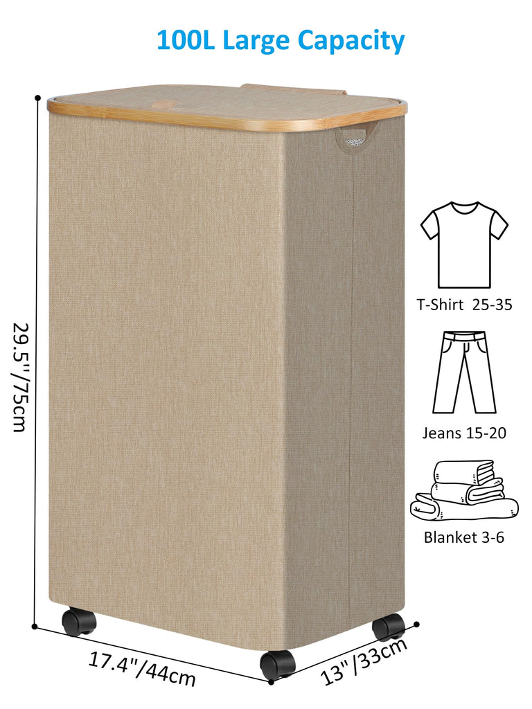Laundry Basket with Wheels, Tall Rolling Laundry Hamper with Lid and Removable Bag, Aesthetic Dirty Clothes Hamper on