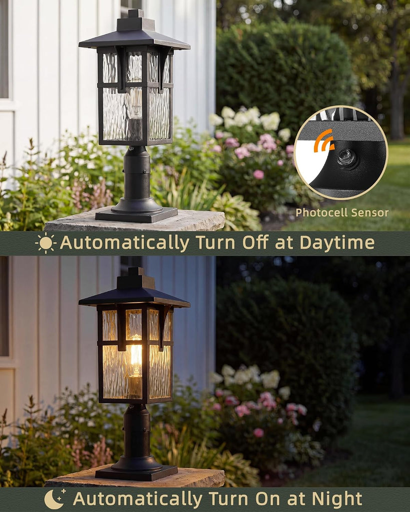 Dusk to Dawn Post Lamp, HWH Exterior Pillar Post Light for Yard Garden, Pole Light Fixture with Water Ripple Glass