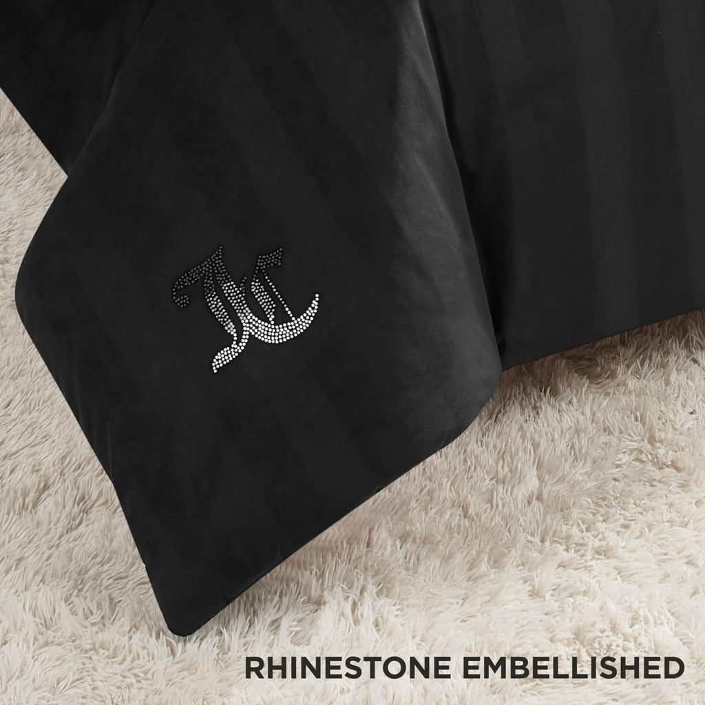 Jenny Velour Striped Jacquard Size Comforter Bedding Set Ensemble - Black 3 Piece Set