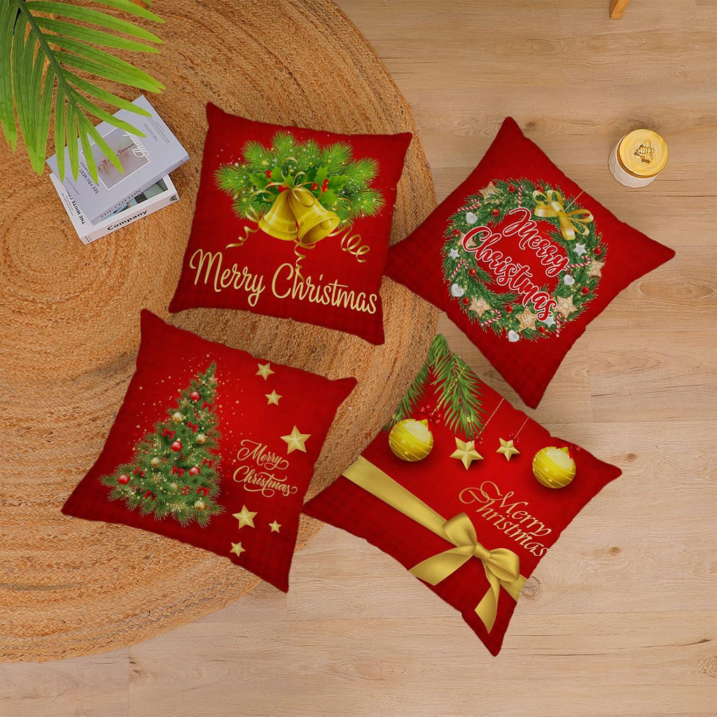 Merry Christmas Pillow Covers 18x18 Velvet Christmas Pillow Cases Red Green Xmas Winter Holiday Throw Pillow - Set of 4