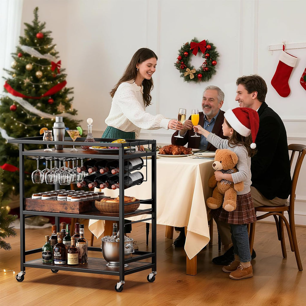 Bar Cart , 3 Tier Rolling Serving Carts with Wheels | Drink Cart, Liquor Stand with Removable Tray, Wine Rack and