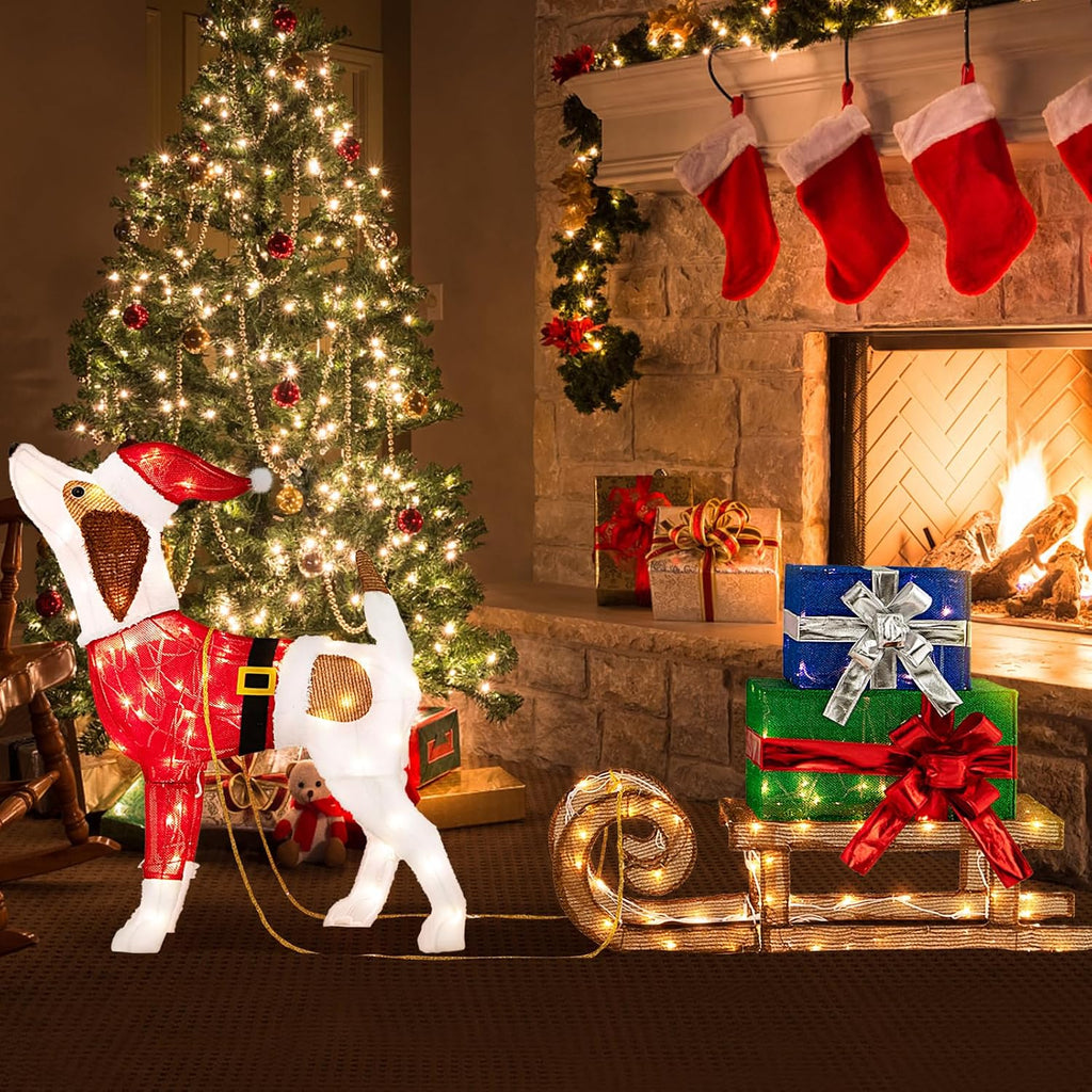 Lighted Christmas Dog with Sleigh & Gift Boxes Combo Decorations, Xmas Lighted Indoor Decorations, Pre-lit Christmas