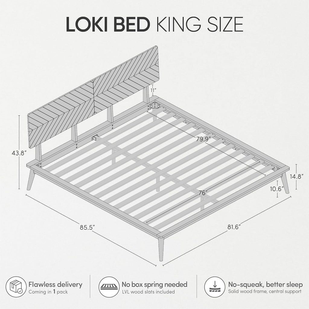 Loki Solid Wood Platform Bed King, Chevron Headboard, Light Oak