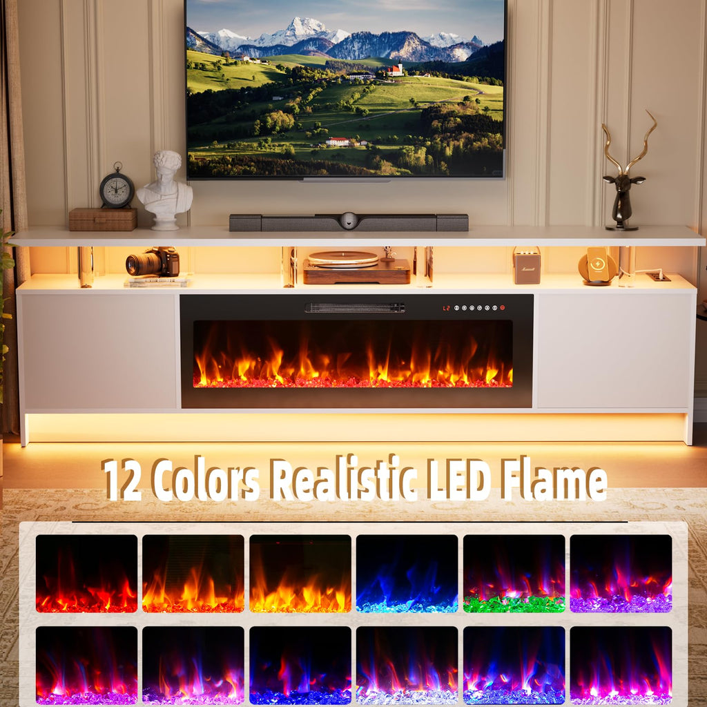 80 inch TV Stand with Electric Fireplace 42", Modern Fireplace Entertainment Center for Up to 90" TVs, LED Lights, 2