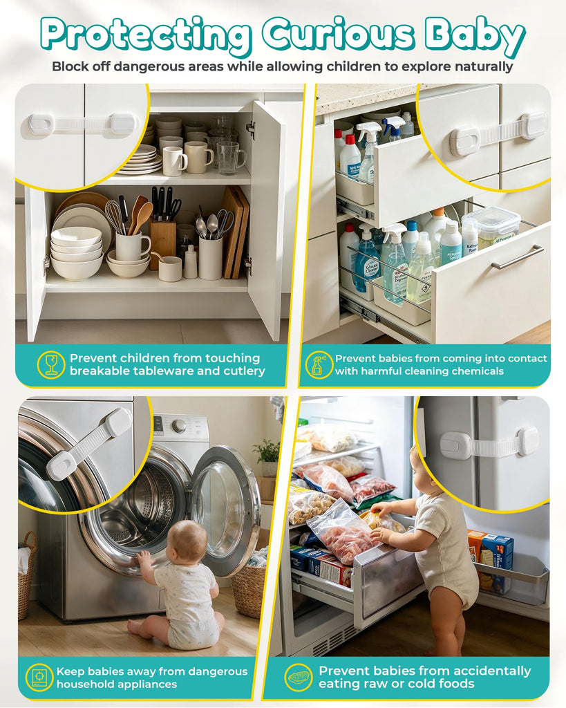 Cabinet Locks Baby Proofing - 14 Pack Child Safety Latches White