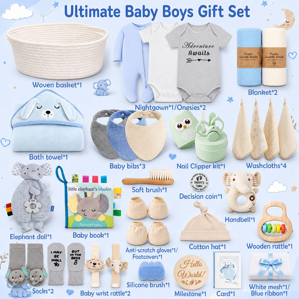 Piece Baby Shower Gifts for Boys, Newborn Essentials Must Haves,Large Baby Boy Gift Basket Set Essential