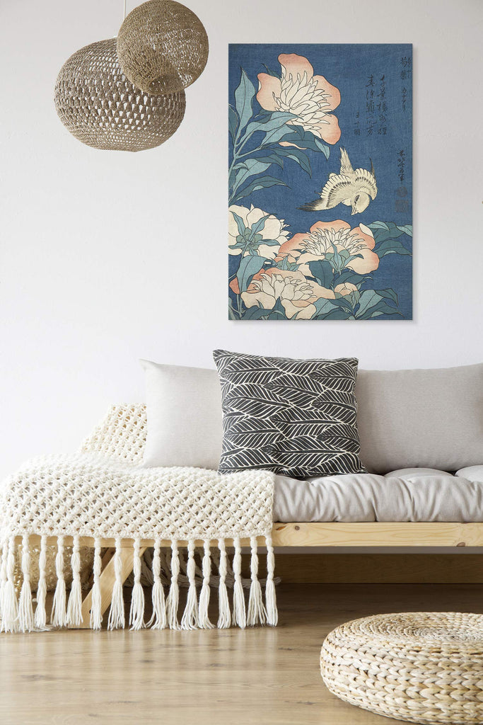 Print Wall Art - Japanese Woodblock Print Peonies and Canary by Katsushika Hokusai - 24x36 inches