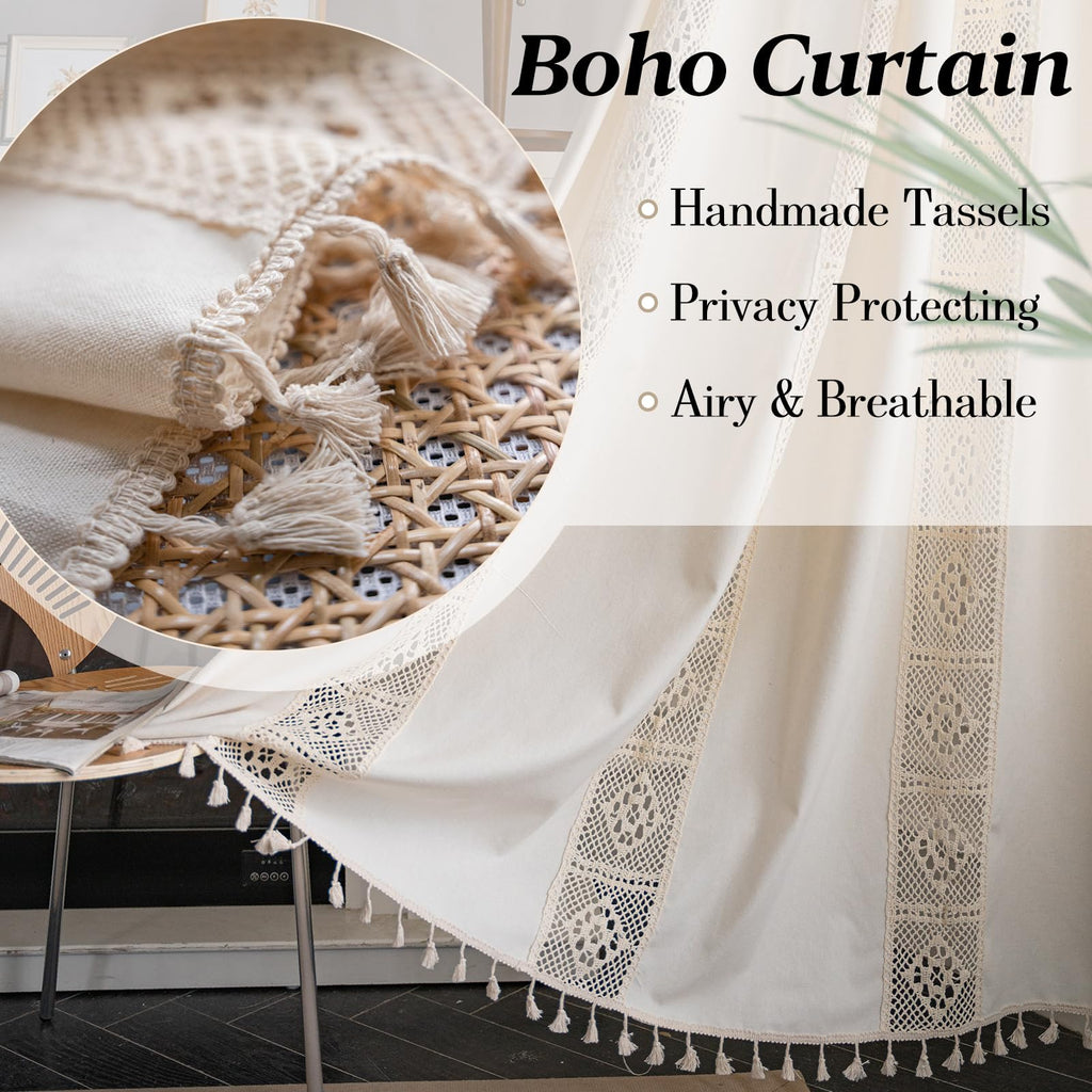 Boho Curtain Crochet Lace Patchwork Semi-Blackout Bohemian Handmade Tassels, Rod Pocket Window Treatment Vintage