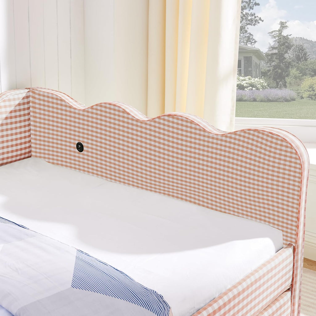 Full Size Upholstery Daybed with Trundle and USB, Full to King Design Adorable Wave Shaped Extendable Linen Sofa Bed