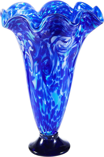 Hand Blown Cobalt Blue Confetti Art Glass Flower Vase Decor 10 inch Tall Centerpiece Table Decoration