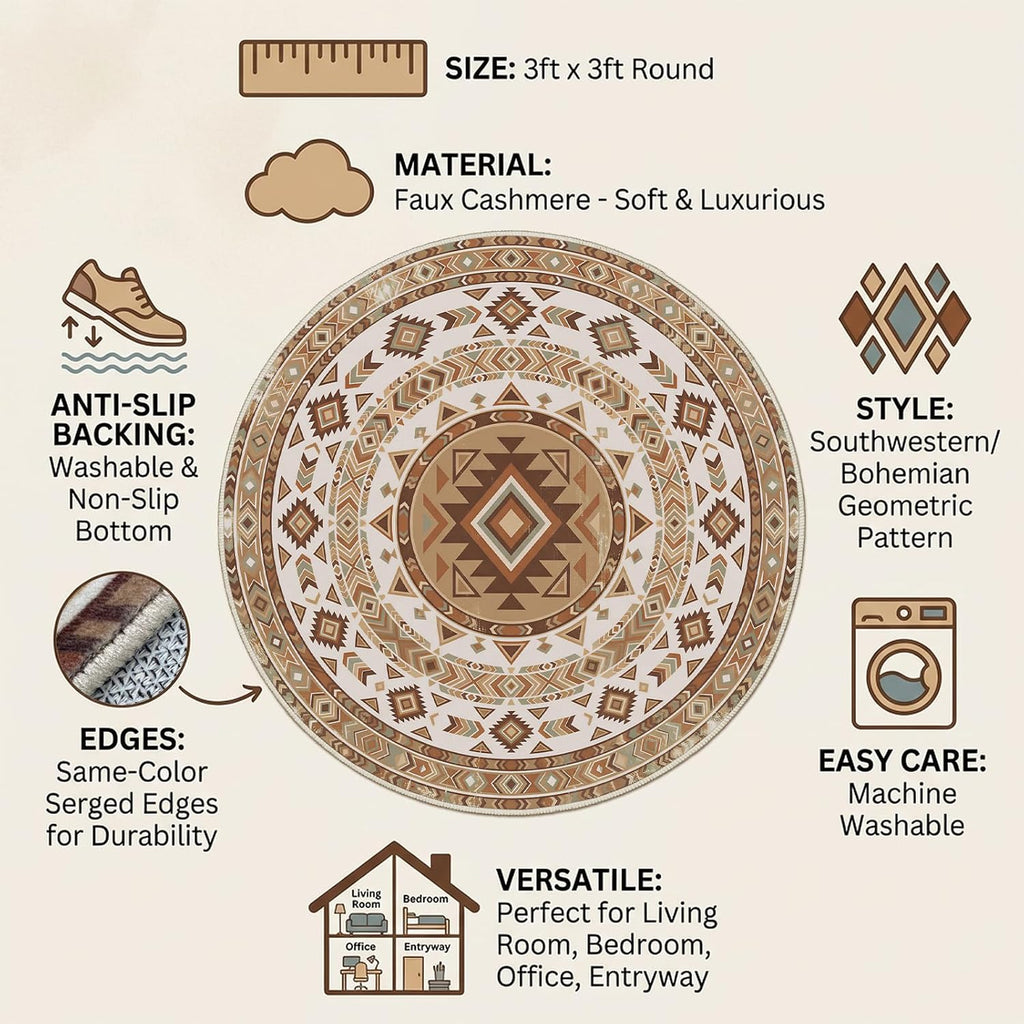 3ft Round Southwestern Rug, Geometric Tribal Pattern, Non-Slip Mat