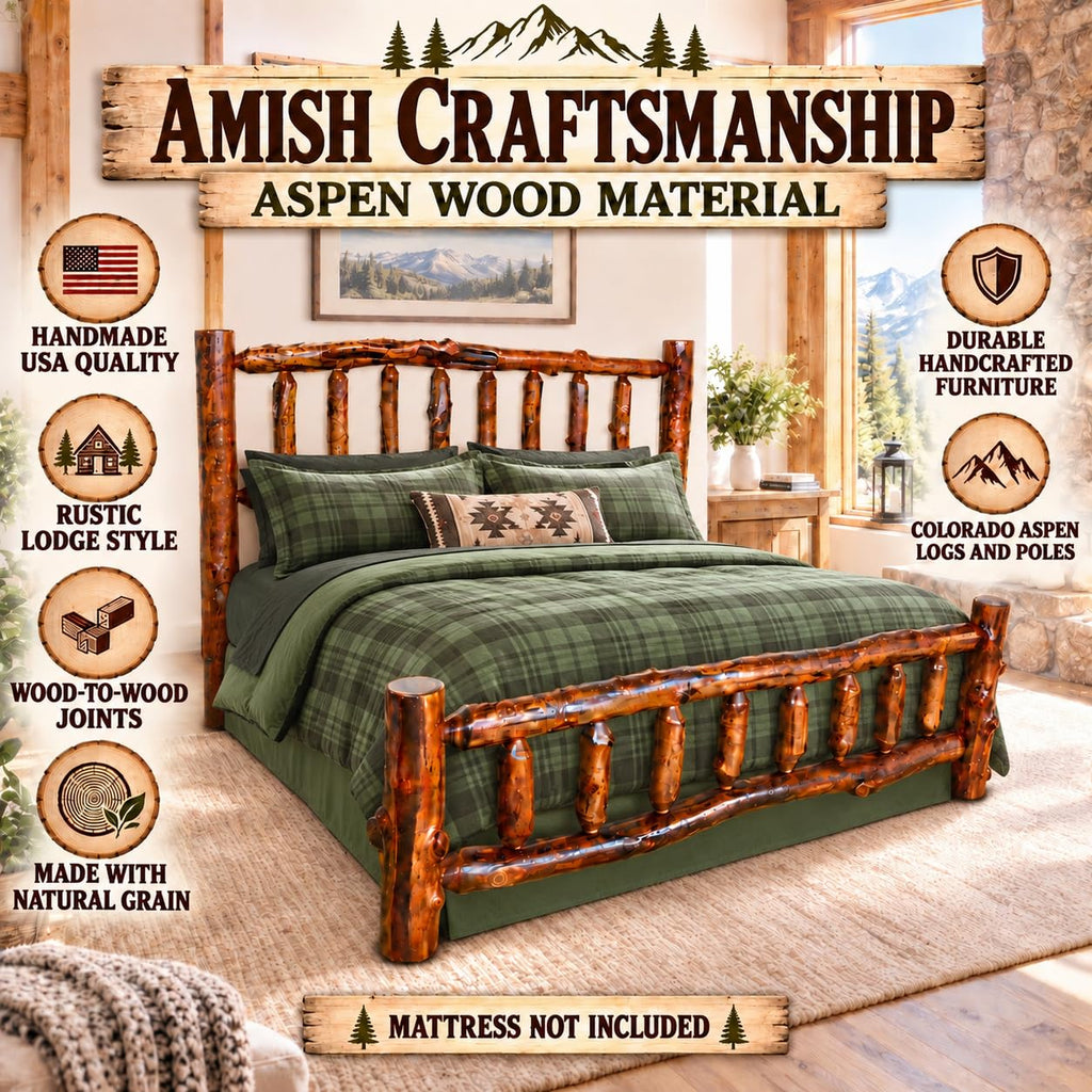 Amish USA Made Rustic Log Bed Colorado Aspen Solid Wood Walnut Bedroom