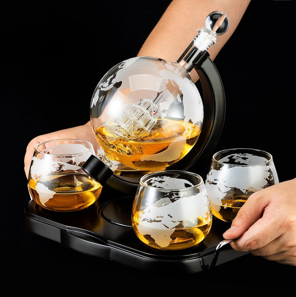 Whiskey Decanter Globe Set, Gifts for Men Husband Boyfriend Dad, with 4 Etched Whiskey Glasses, 4 Ice Cubes, Tong &