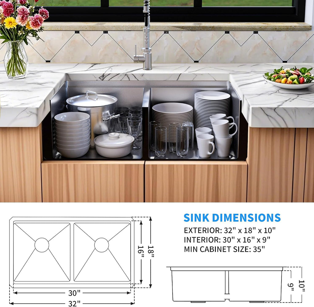 32 Inch Sink Undermount Double Bowl, 16 Gauge 50/50 Double Bowl Stainless Steel Workstation Sink, 32"x18"x10" Large