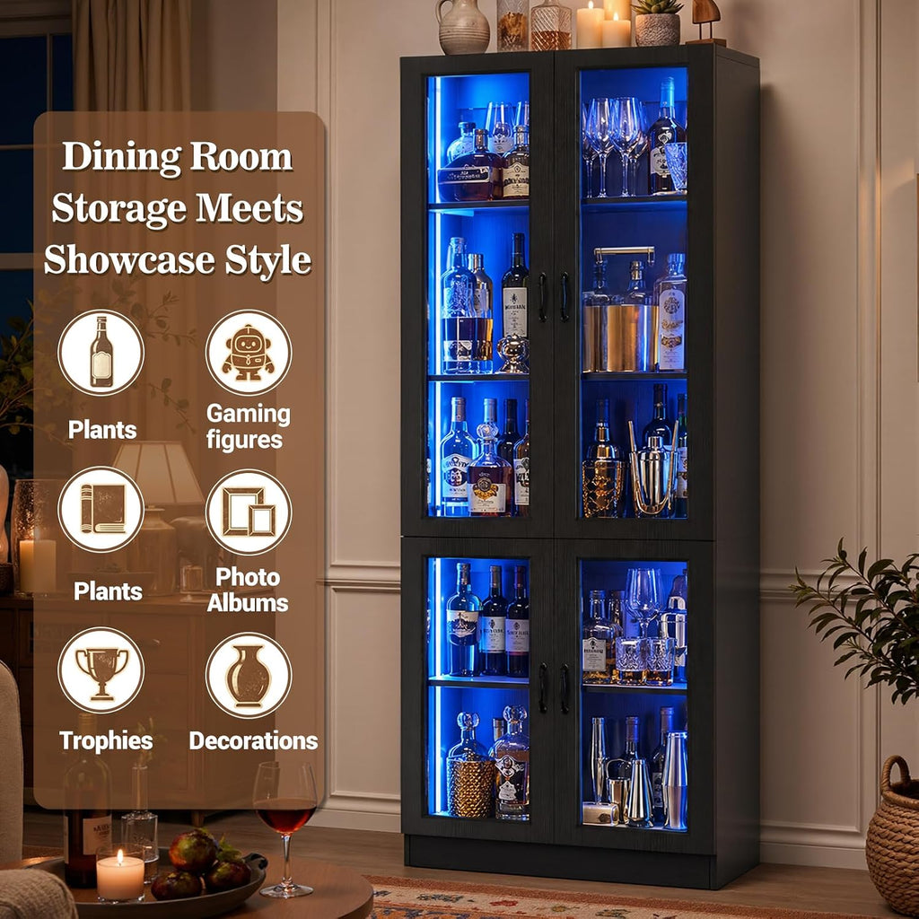 80" Display Cabinet with Glass Doors, 5-Tier Tall Bookcase with LED Light, Glass Display Case with Adjustable