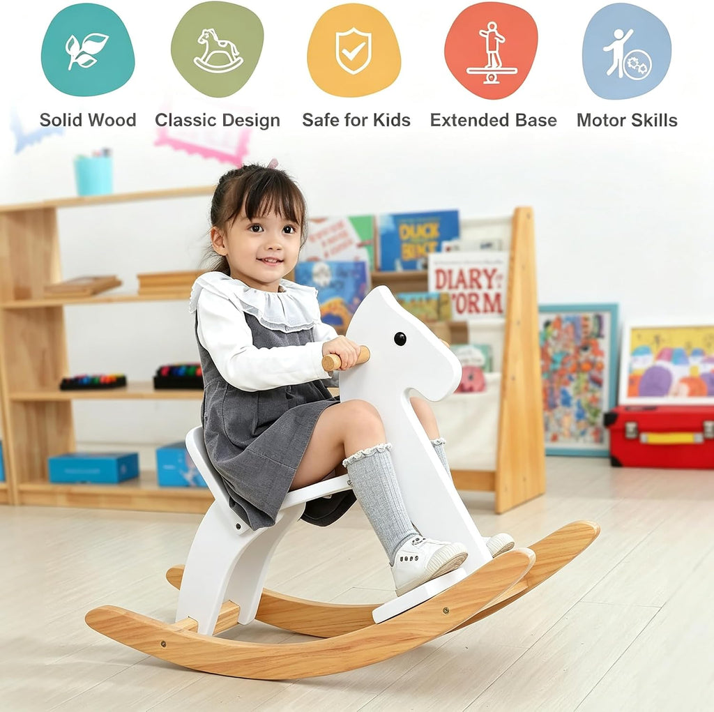 Wooden Rocking Horse Baby Ride On Toy for Toddlers Solid Wood Classic Design with Comfortable Pedal and Safe Backrest