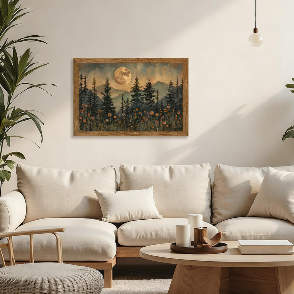 Vintage Pine Tree Wall Art, Moonlit Wood-Framed Canvas, 20 x 30 In