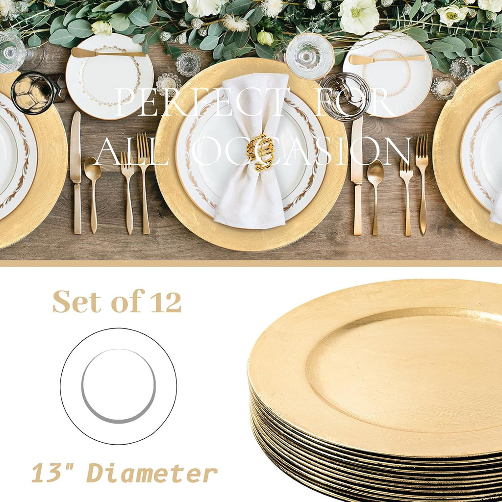 Foil Gold Charger Plates, 13" Round Beaded Plate Chargers - Set of 12