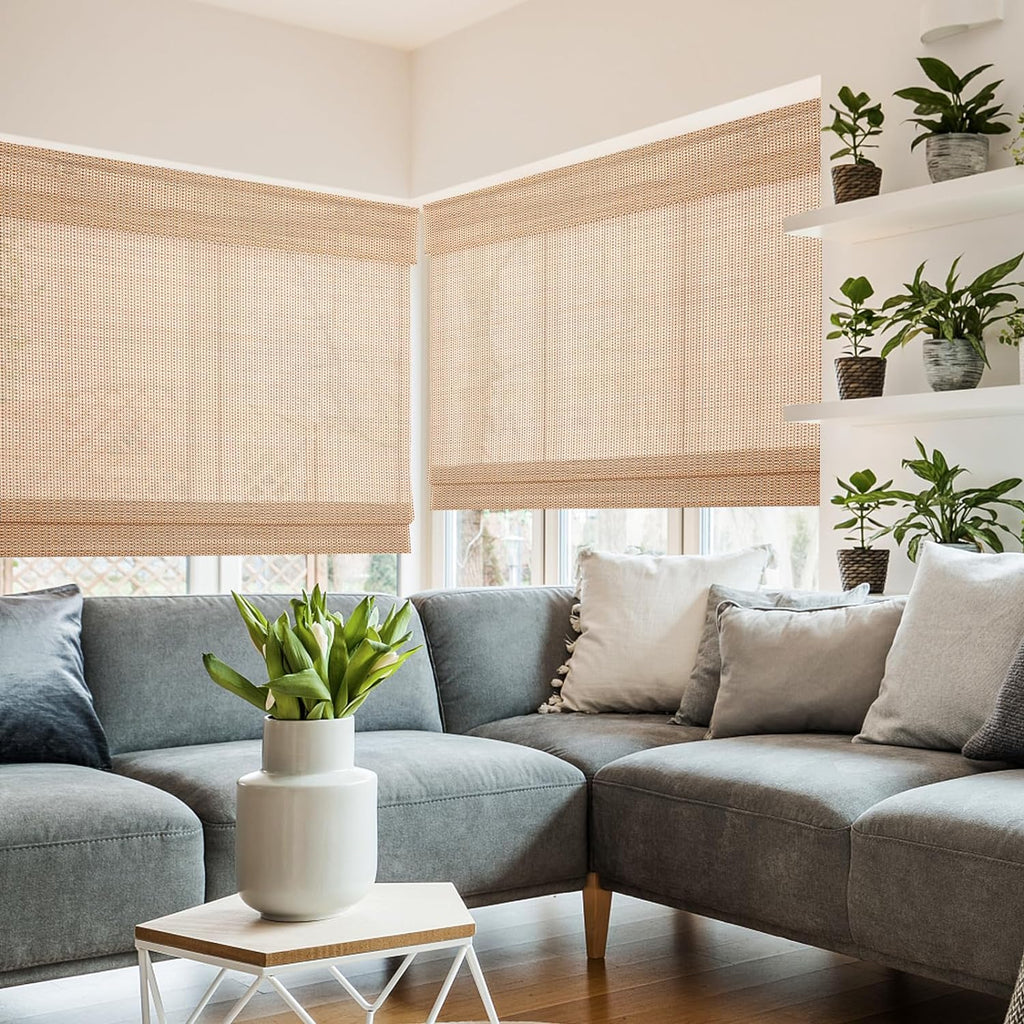 Comzone Cordless Blackout Bamboo Roman Shades, Easy to Install Natural Woven Wood Window Shades, Great Privacy Lined