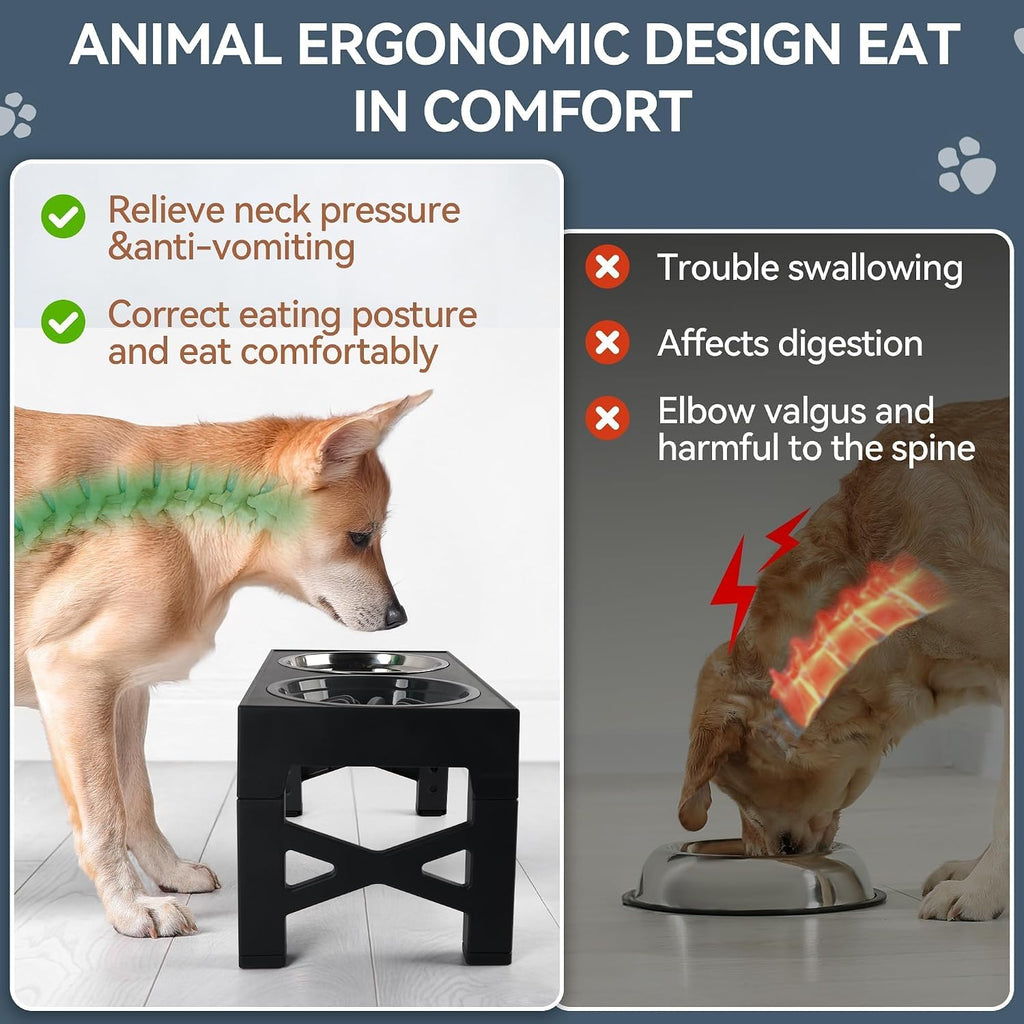 Elevated Dog Bowls, Raised Dog Bowl with Slow Feeder Bowl & Stainless Steel Bowls, 5 Heights Adjustable Dog Feeding