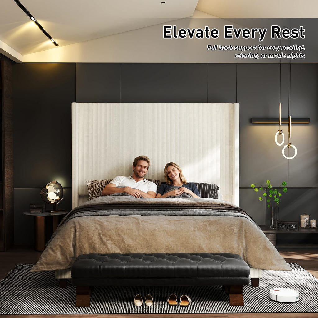 King Size 65" Upholstered Bed Frame with USB Charging Station, Soft Washable Corduroy Cover with Wingback Headboard