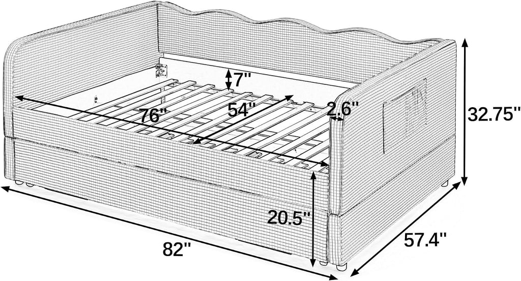 Full Size Upholstered Gingham Daybed with Trundle, Full to King Design Adorable Wave Shaped Extendable Sofa Bed, Easy
