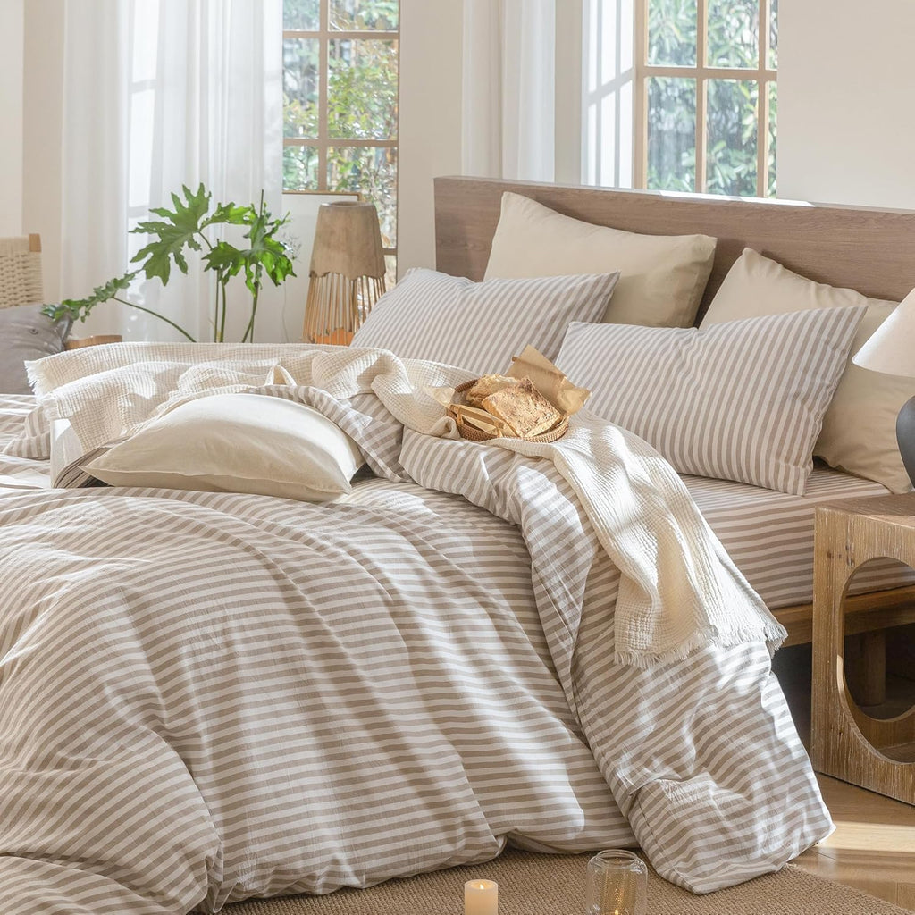Striped Duvet Cover Set 100% Washed Cotton Linen Like Textured Breathable Durable Soft Comfy (Tannish Linen Grey