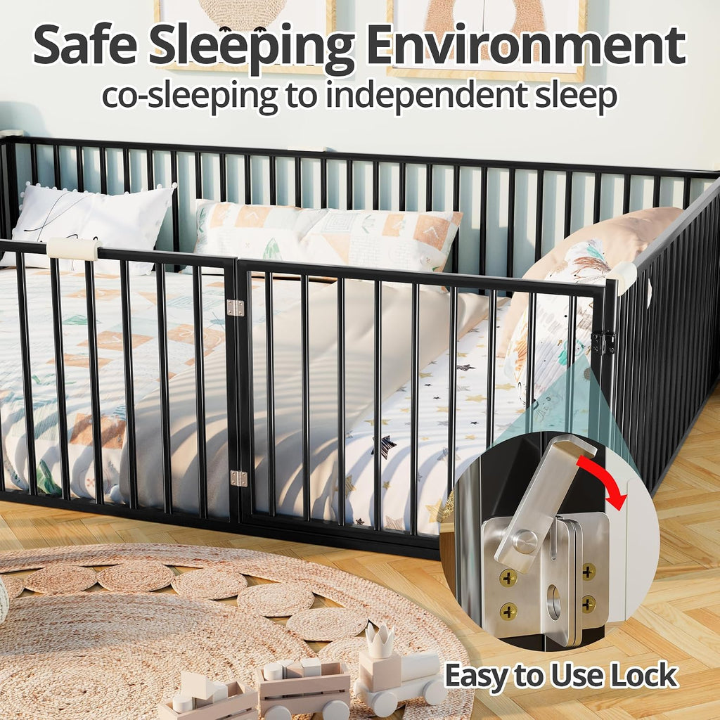 Metal Floor Bed Frame with Safety Guardrails & Door, Montessori Bed Frame, Metal Montessori Floor Bed for