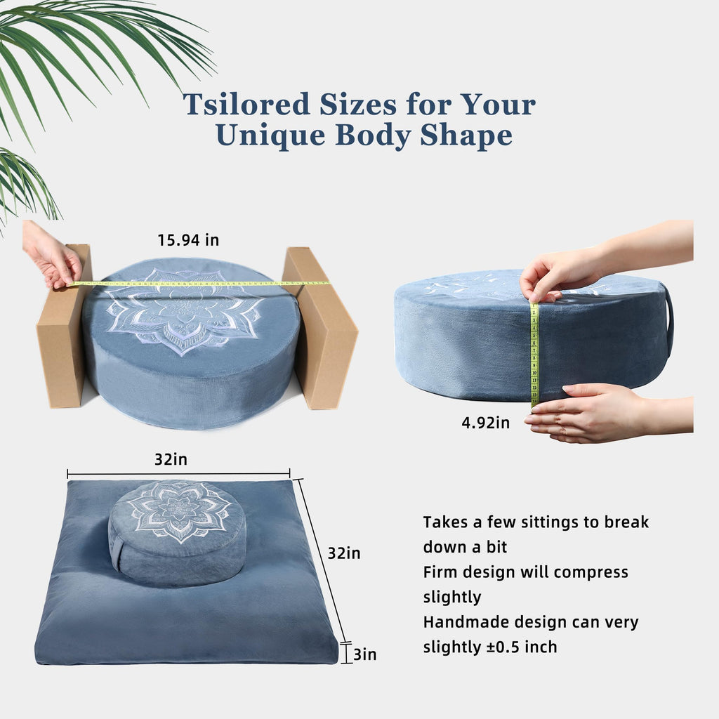 Meditation Cushion Set Zafu & Zabuton - Buckwheat Hull & Memory Foam, Adjustable Floor Pillow for Yoga, Meditation &