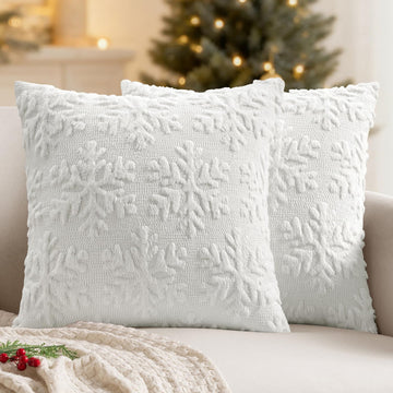Christmas Pure White Throw Pillow Covers Snowflakes Decorative 18×18 Inch Faux Wool Winter Festival Couch Pillow - Set of 2