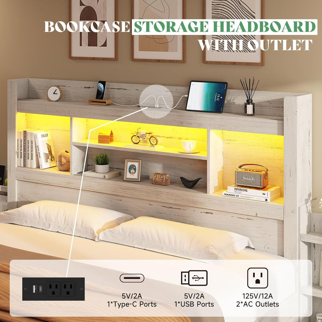 Queen Bed Frame with 4 Storage Drawer, LED Bed Frame with 49.6" Tall Bookcase Headboard, Wood Platform Bed with